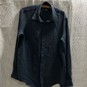 Vintage Donna Karan Men's Dark Blue Button-Up Shirt
